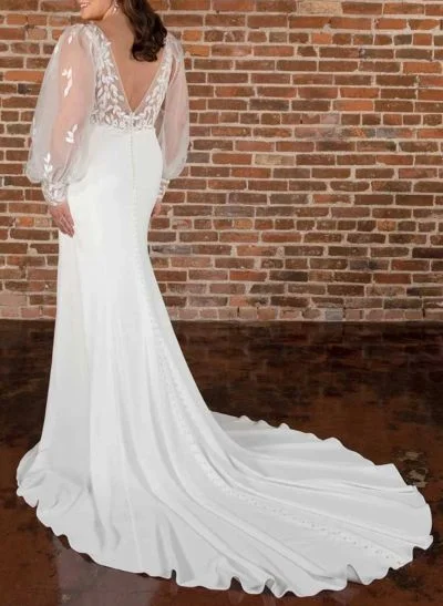 Plus Size Trumpet/Mermaid V-Neck Elastic Satin Wedding Dresses With Lace