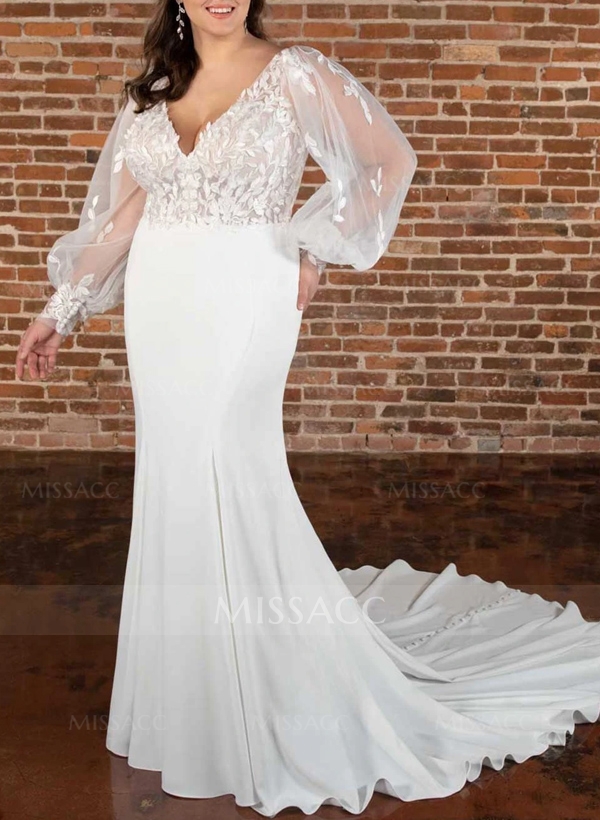 Plus Size Trumpet/Mermaid V-Neck Chiffon Wedding Dresses With Lace