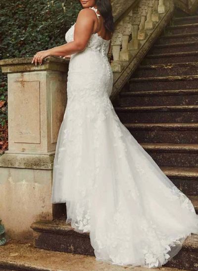 Plus Size Trumpet/Mermaid V-Neck Sweep Train Tulle Wedding Dresses With Lace