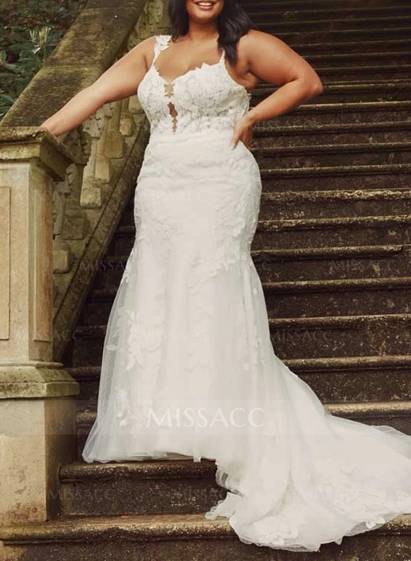 Plus Size Trumpet/Mermaid V-Neck Sweep Train Tulle Wedding Dresses With Lace