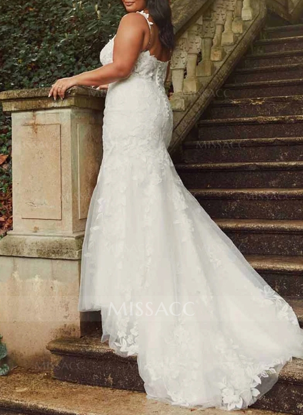 Plus Size Trumpet/Mermaid V-Neck Sweep Train Tulle Wedding Dresses With Lace