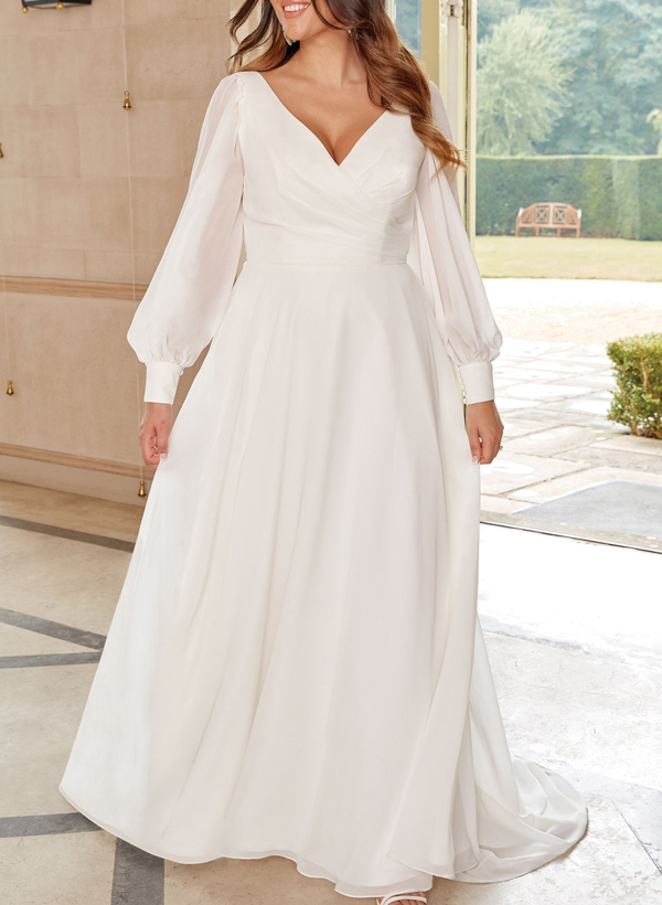 Plus Size A-Line V-Neck Long Sleeves Sweep Train Chiffon Wedding Dresses