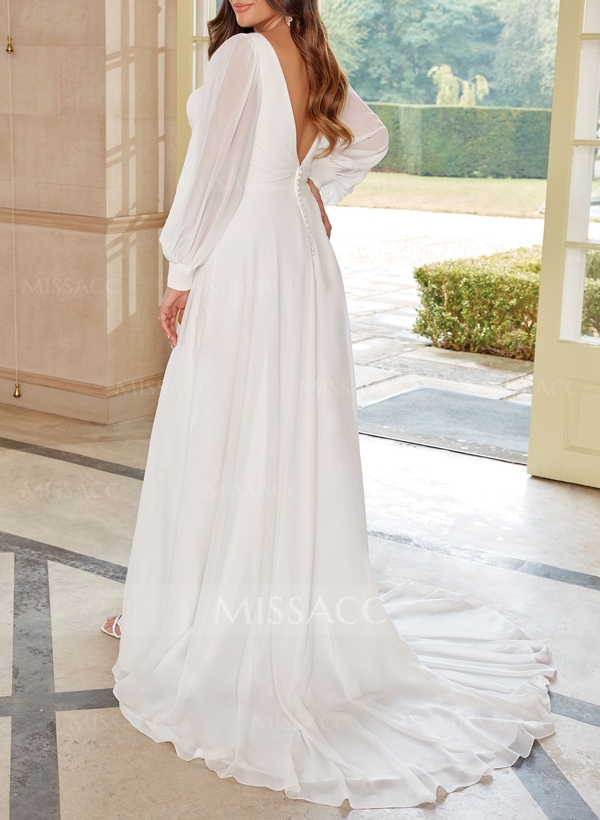 Plus Size A-Line V-Neck Long Sleeves Sweep Train Chiffon Wedding Dresses