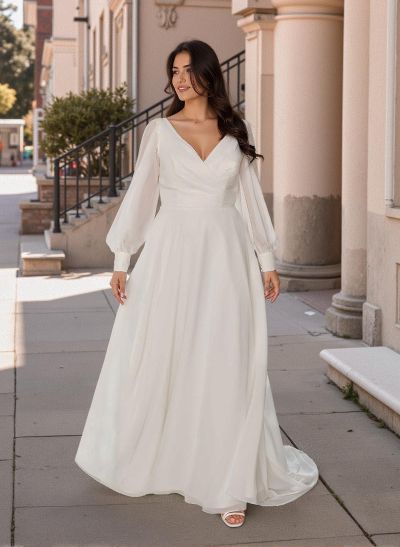 Plus Size A-Line V-Neck Long Sleeves Sweep Train Chiffon Wedding Dresses