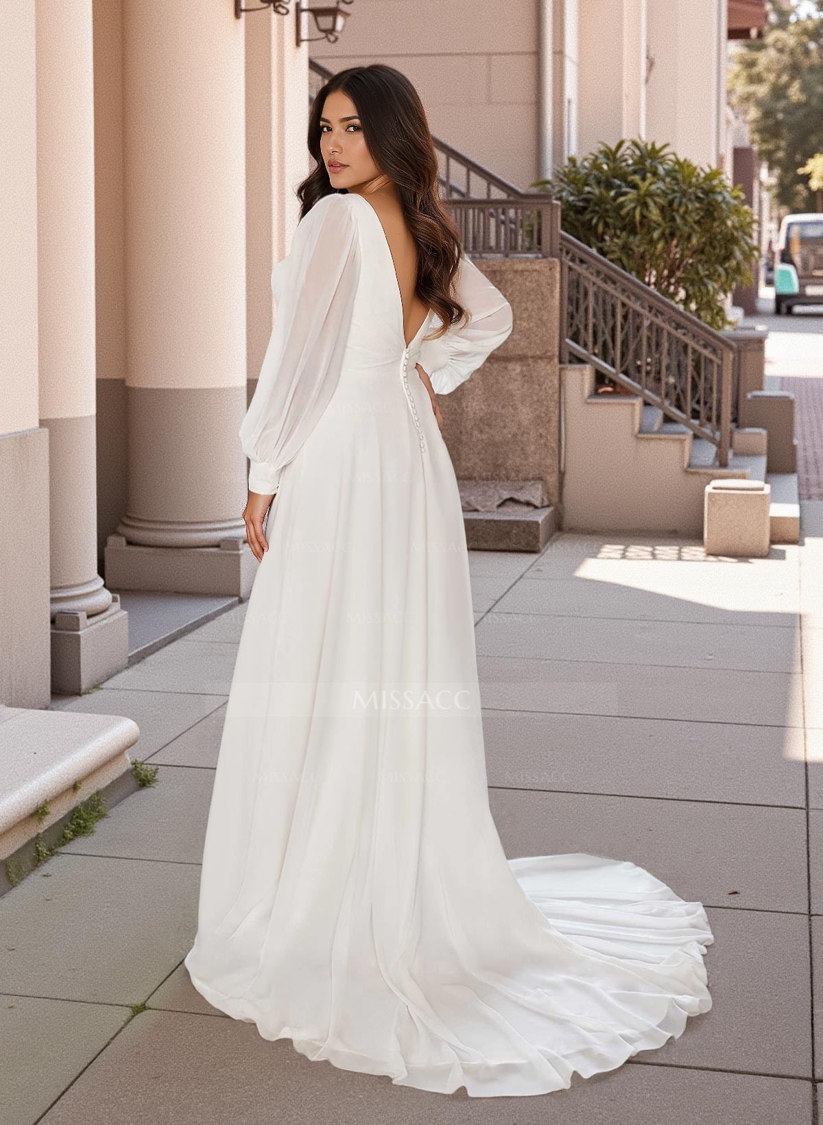 Plus Size A-Line V-Neck Long Sleeves Sweep Train Chiffon Wedding Dresses