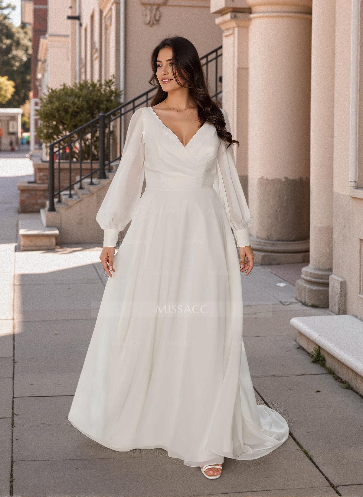 Plus Size A-Line V-Neck Long Sleeves Sweep Train Chiffon Wedding Dresses