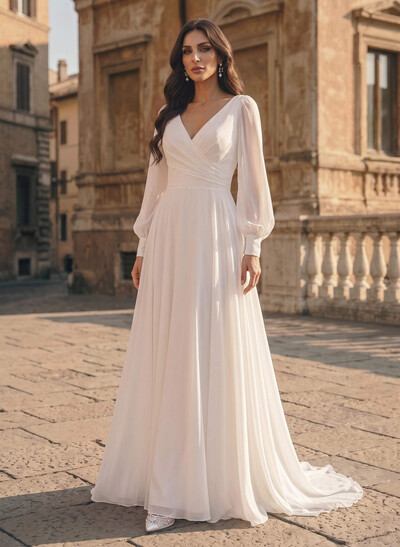 Plus Size A-Line V-Neck Long Sleeves Sweep Train Chiffon Wedding Dresses