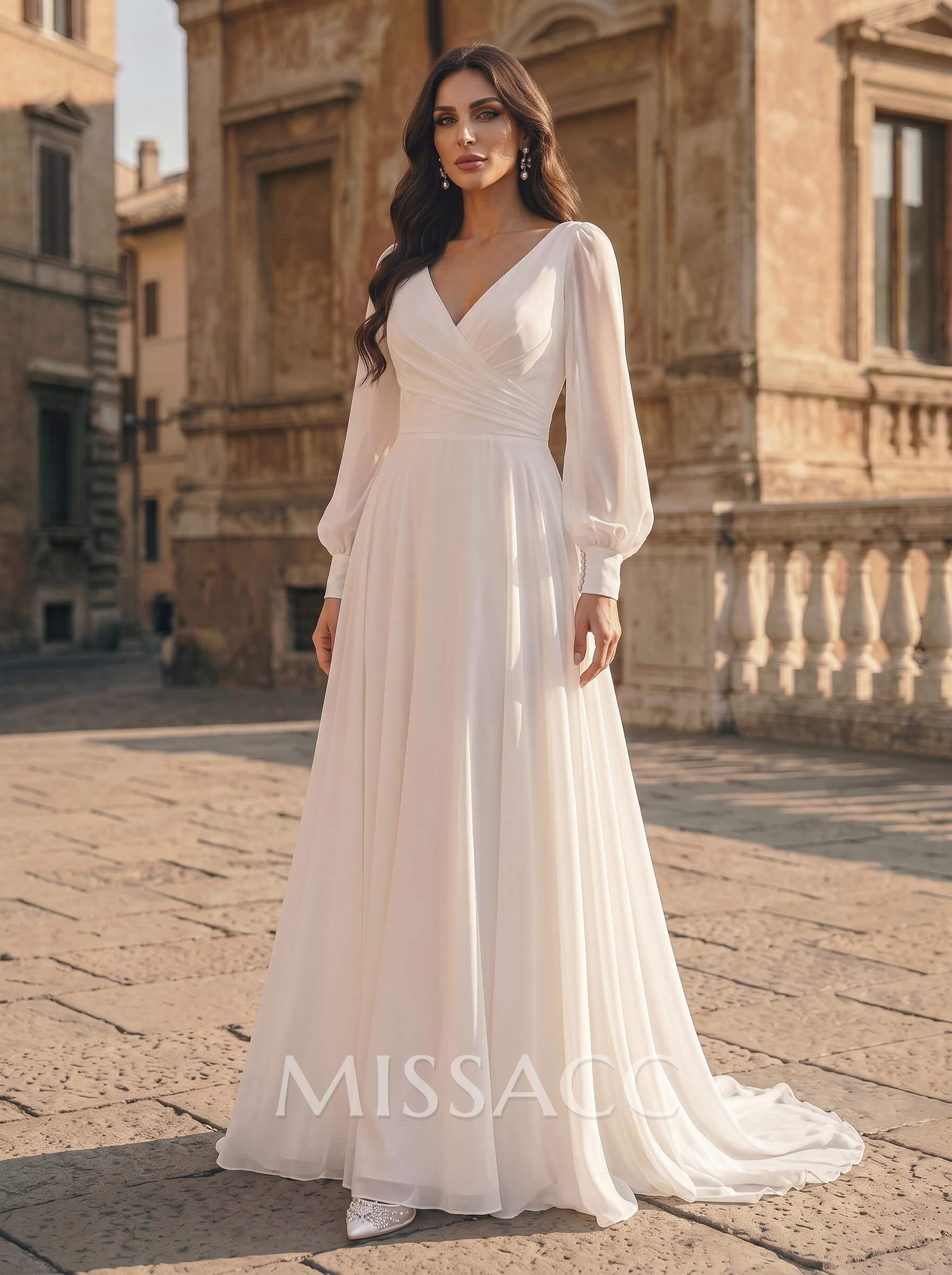 Plus Size A-Line V-Neck Long Sleeves Sweep Train Chiffon Wedding Dresses