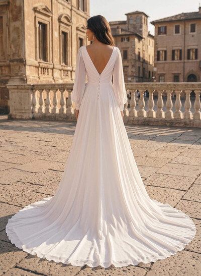Plus Size A-Line V-Neck Long Sleeves Sweep Train Chiffon Wedding Dresses