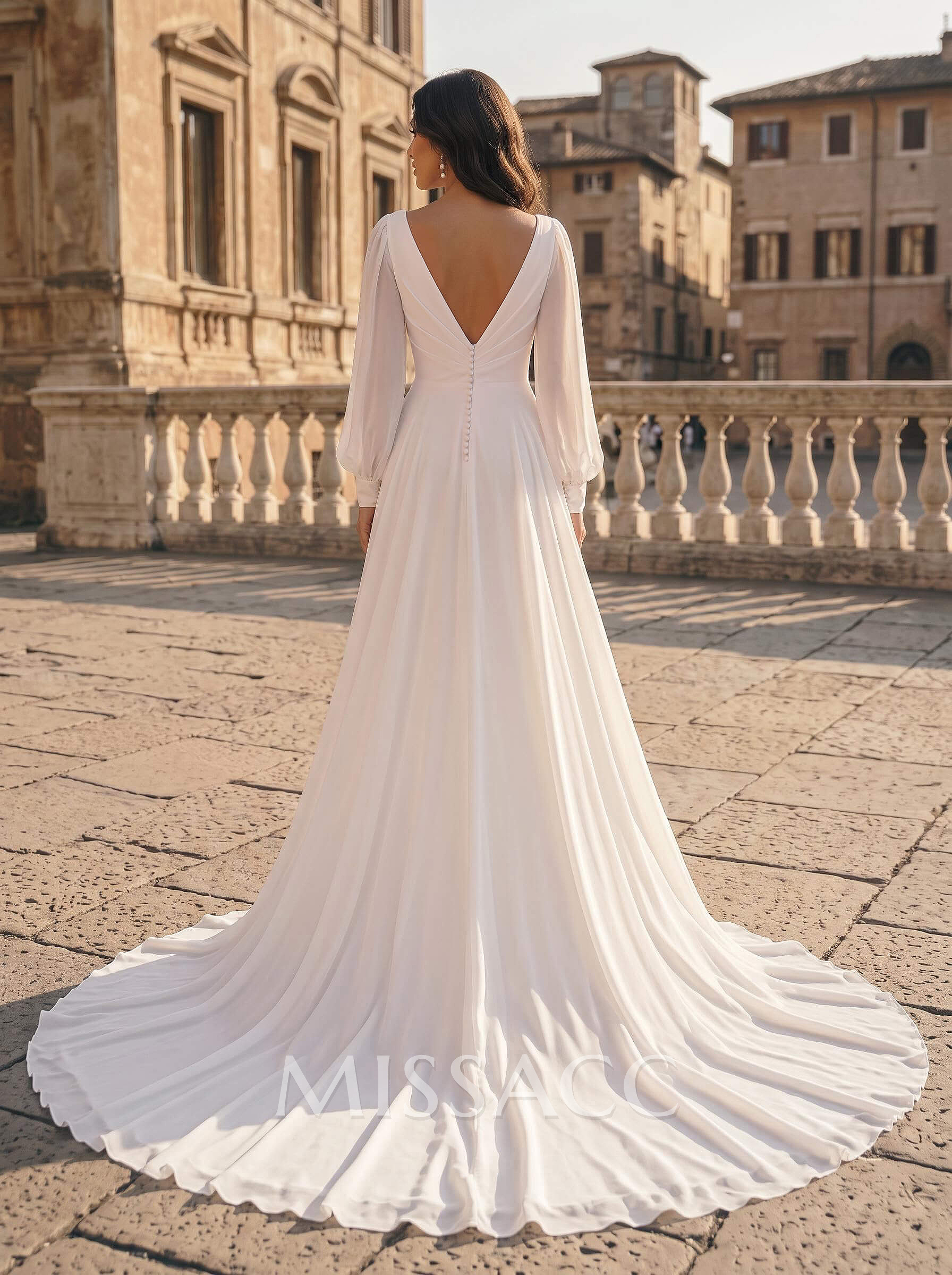 Plus Size A-Line V-Neck Long Sleeves Sweep Train Chiffon Wedding Dresses
