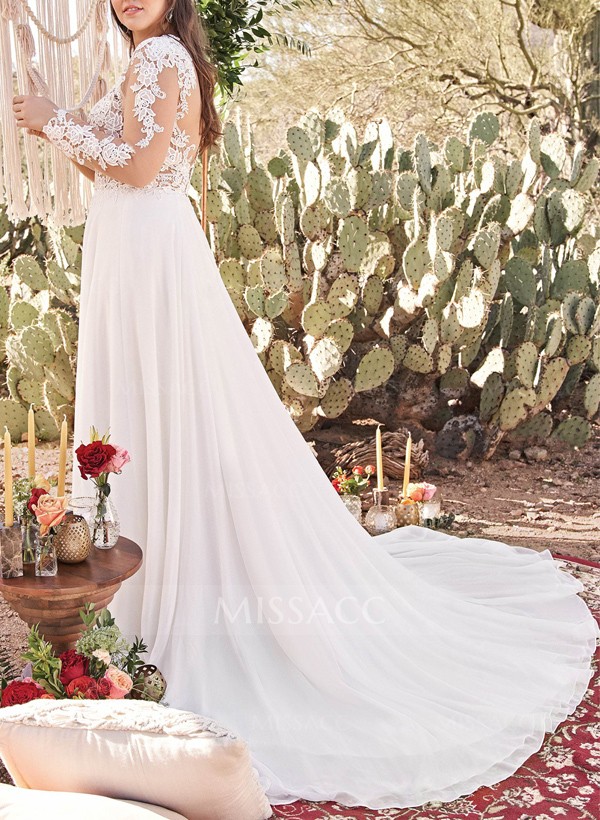 Plus Size A-Line V-Neck Long Sleeves Sweep Train Chiffon Wedding Dresses