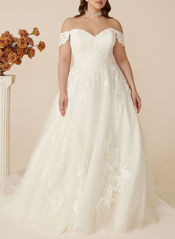 Plus Size A-Line Off-The-Shoulder Court Train Tulle Wedding Dresses With Lace