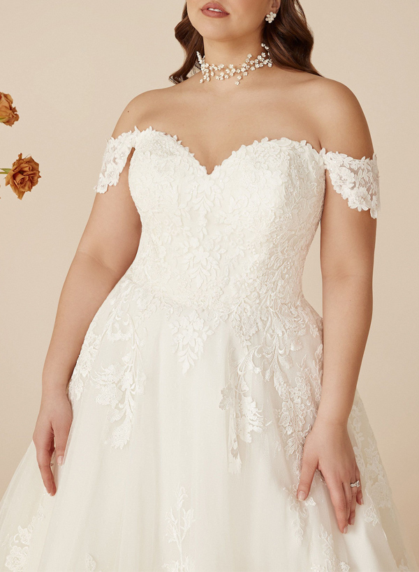 Plus Size A-Line Off-The-Shoulder Court Train Tulle Wedding Dresses With Lace