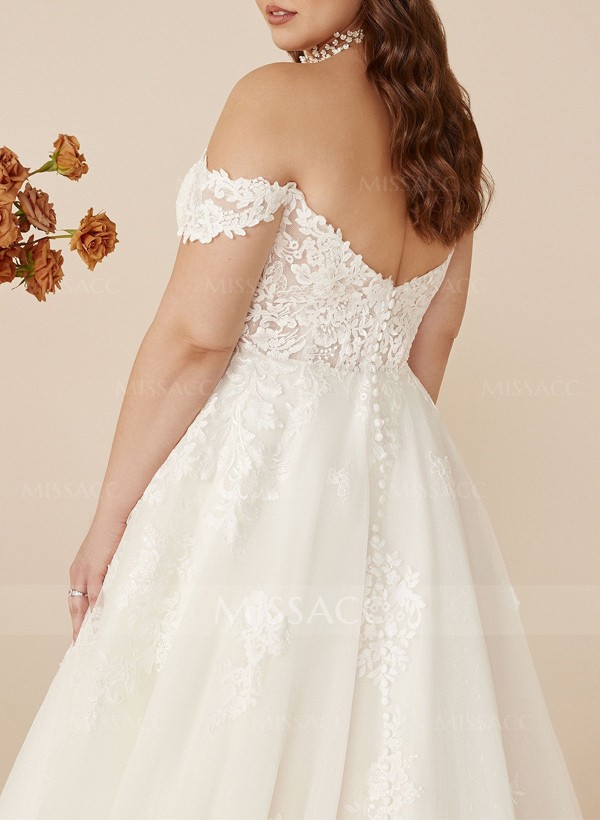 Plus Size A-Line Off-The-Shoulder Court Train Tulle Wedding Dresses With Lace