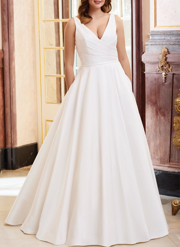 Plus Size A-Line V-Neck Sleeveless Court Train Satin Wedding Dresses With Pockets