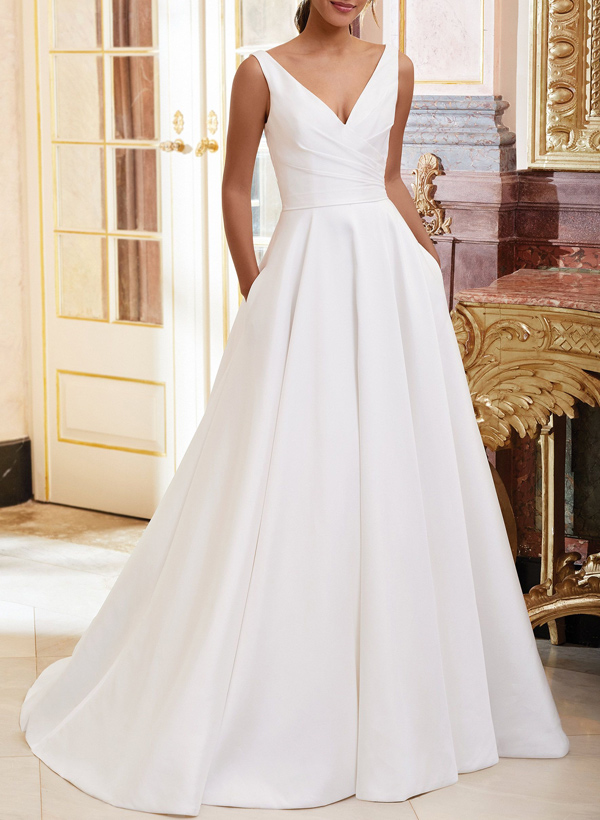 Plus Size A-Line V-Neck Sleeveless Court Train Satin Wedding Dresses With Pockets