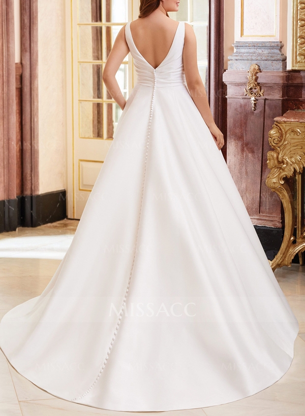 Plus Size A-Line V-Neck Sleeveless Court Train Satin Wedding Dresses With Pockets