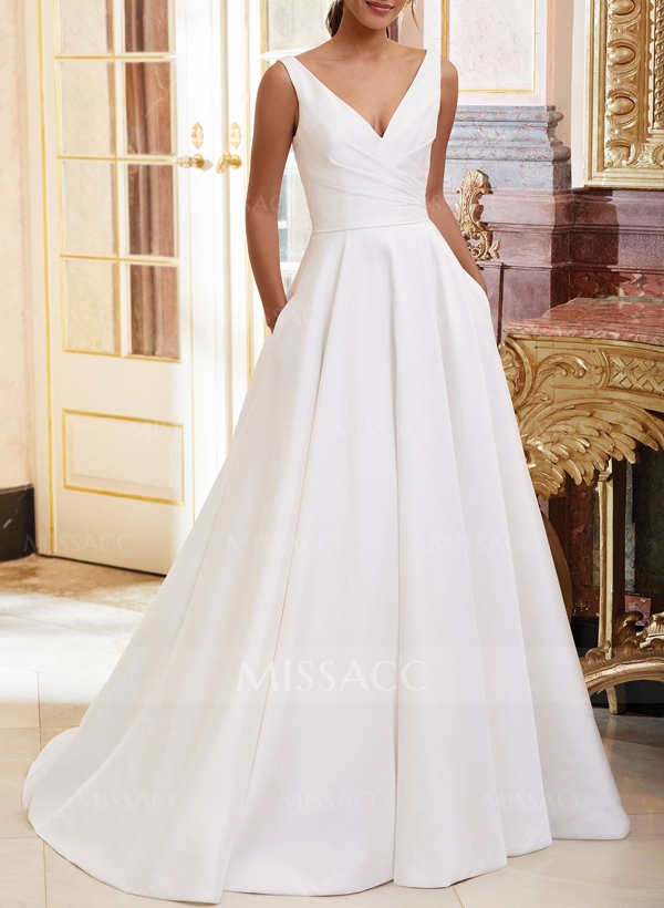 Plus Size A-Line V-Neck Sleeveless Court Train Satin Wedding Dresses With Pockets