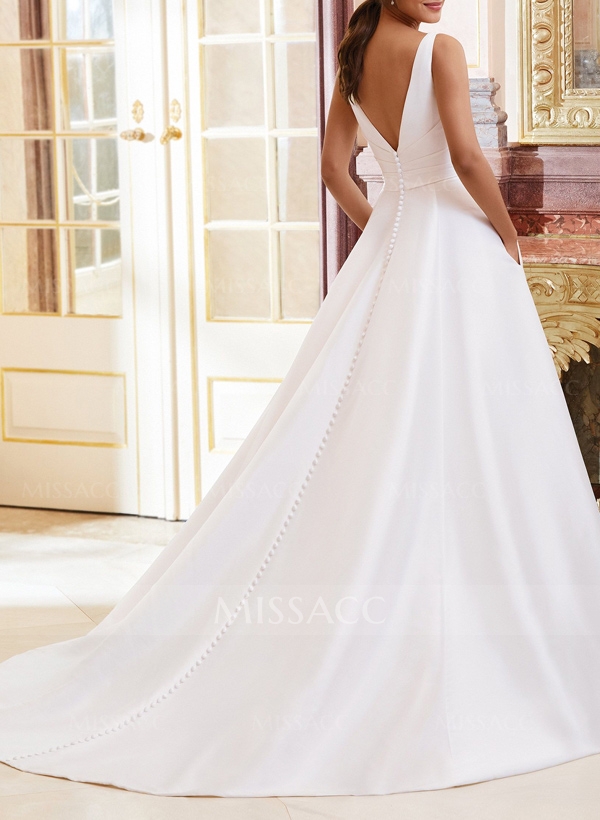 Plus Size A-Line V-Neck Sleeveless Court Train Satin Wedding Dresses With Pockets