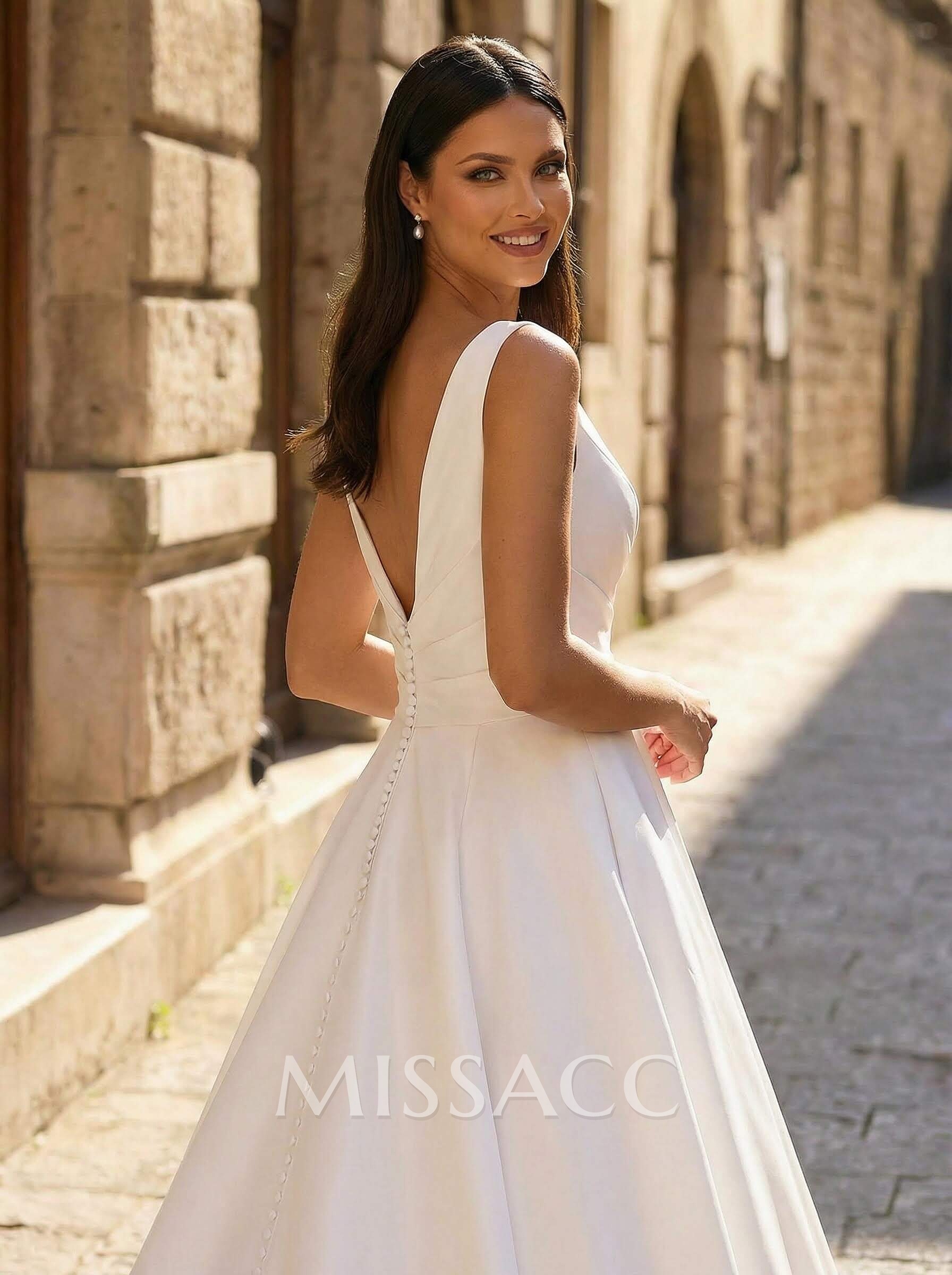 Plus Size A-Line V-Neck Sleeveless Court Train Satin Wedding Dresses With Pockets