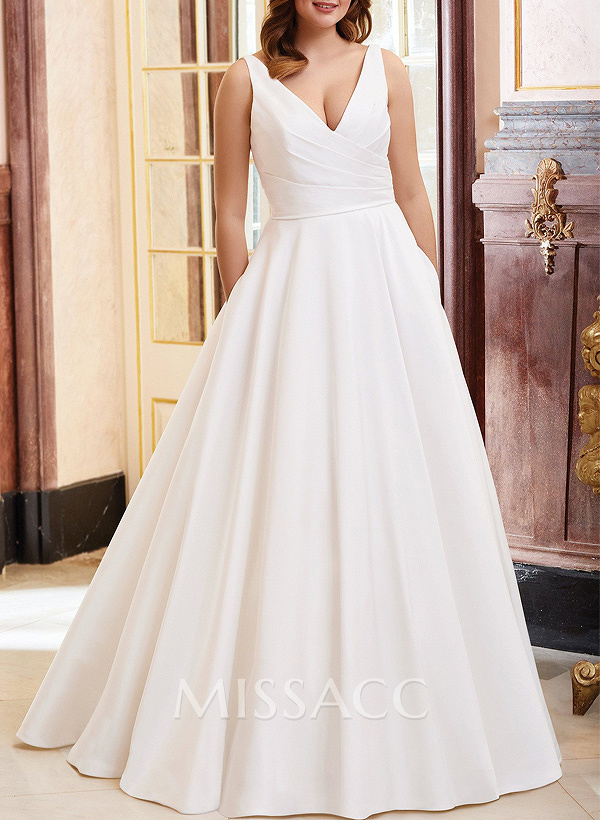 Plus Size A-Line V-Neck Sleeveless Court Train Satin Wedding Dresses With Pockets