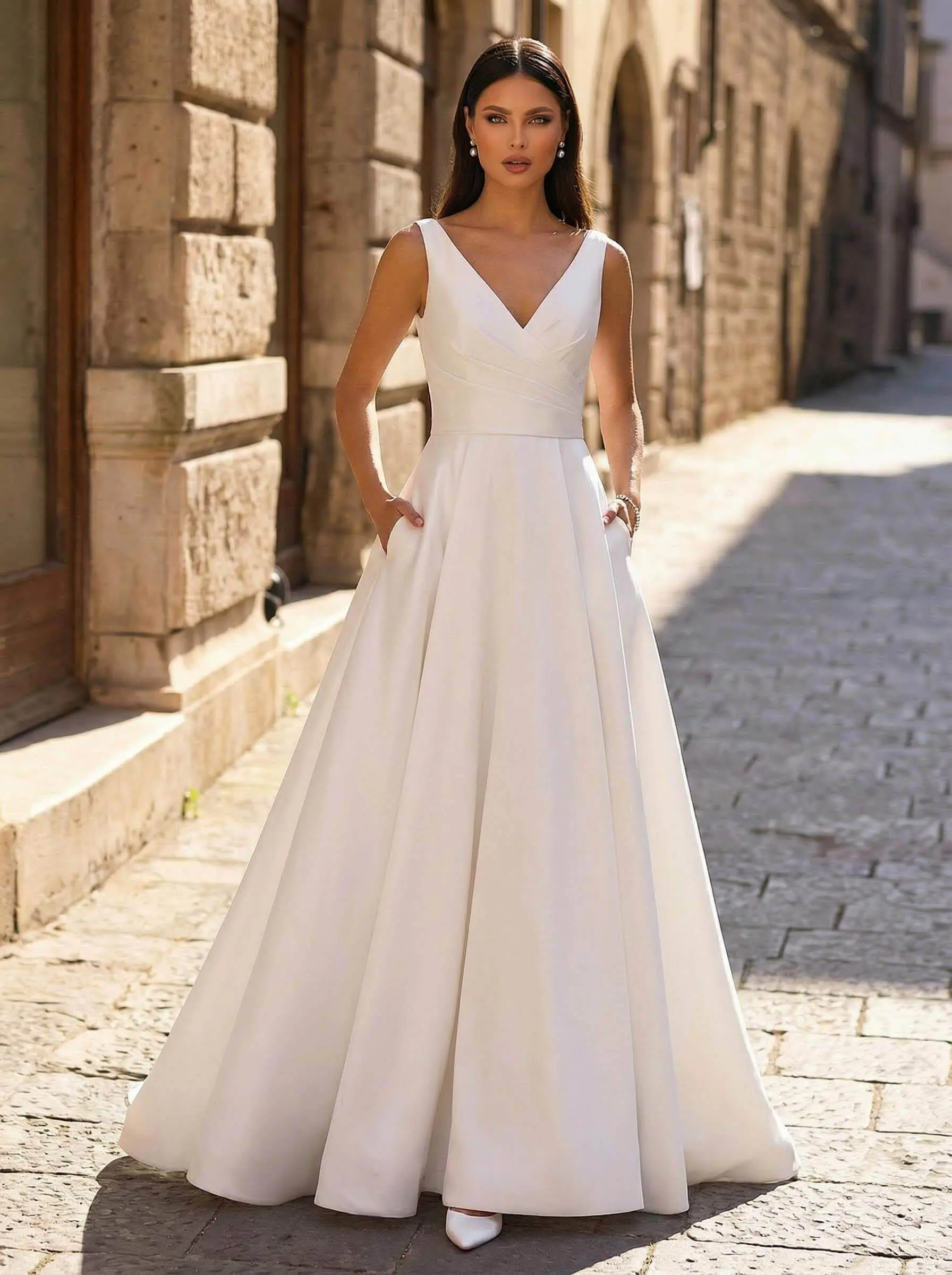 Plus Size A-Line V-Neck Sleeveless Court Train Satin Wedding Dresses With Pockets Plus Size A-Line V-Neck Sleeveless Court Train Satin Wedding Dresses With Pockets