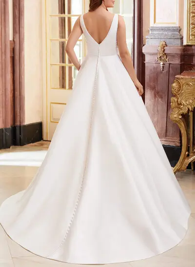 Plus Size A-Line V-Neck Sleeveless Satin Wedding Dresses With Sweep Train And Pockets