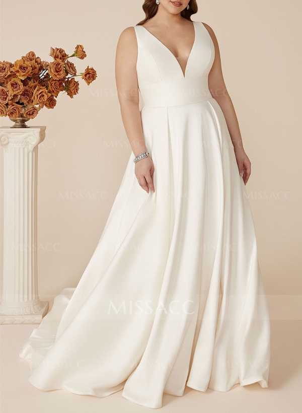 Plus Size A-Line V-Neck Sleeveless Court Train Satin Wedding Dresses