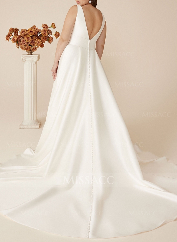 Plus Size A-Line V-Neck Sleeveless Court Train Satin Wedding Dresses