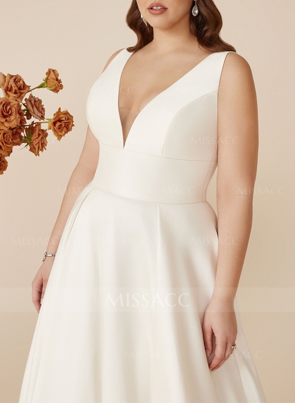 Plus Size A-Line V-Neck Sleeveless Court Train Satin Wedding Dresses