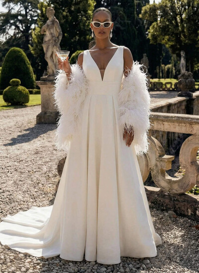 Plus Size A-Line V-Neck Sleeveless Court Train Satin Wedding Dresses