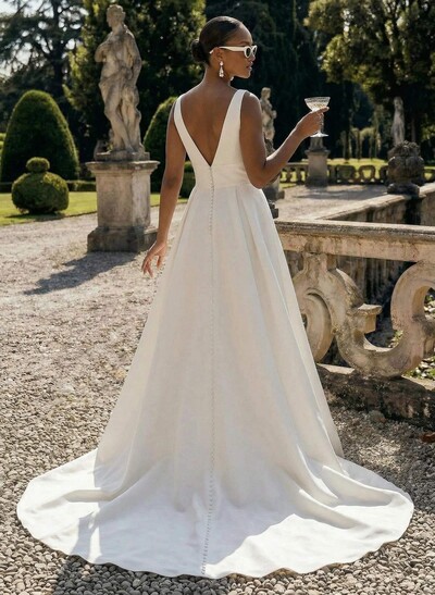 Plus Size A-Line V-Neck Sleeveless Court Train Satin Wedding Dresses