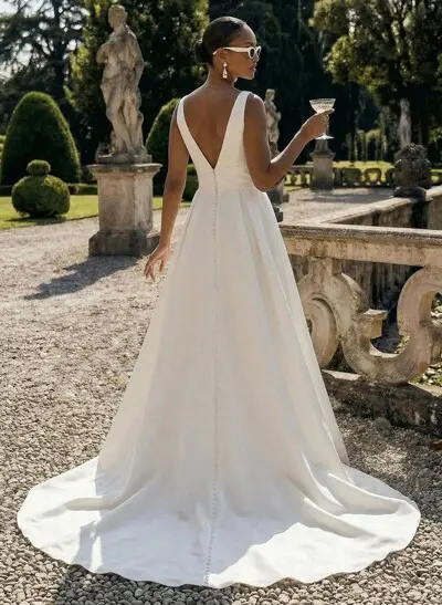 Plus Size A-Line V-Neck Sleeveless Court Train Satin Wedding Dresses