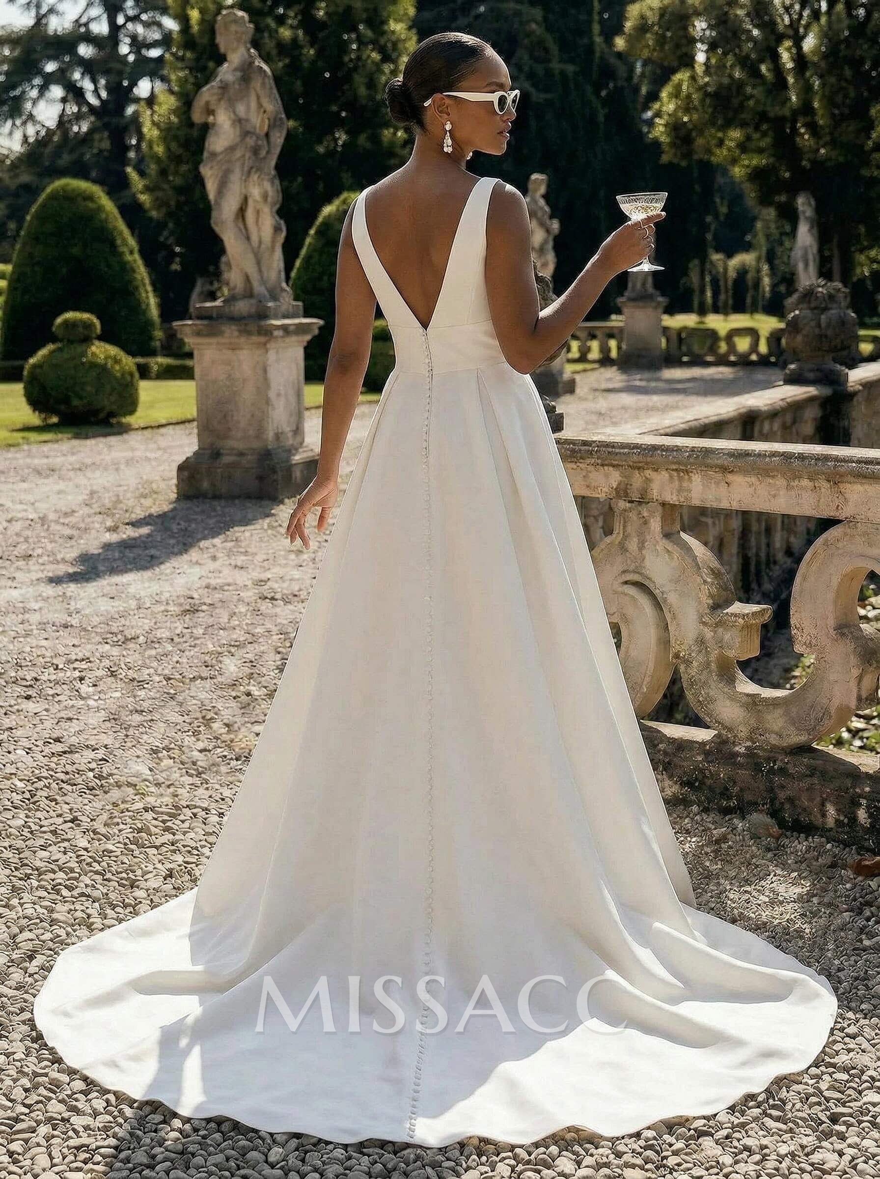 Plus Size A-Line V-Neck Sleeveless Court Train Satin Wedding Dresses Plus Size A-Line V-Neck Sleeveless Court Train Satin Wedding Dresses
