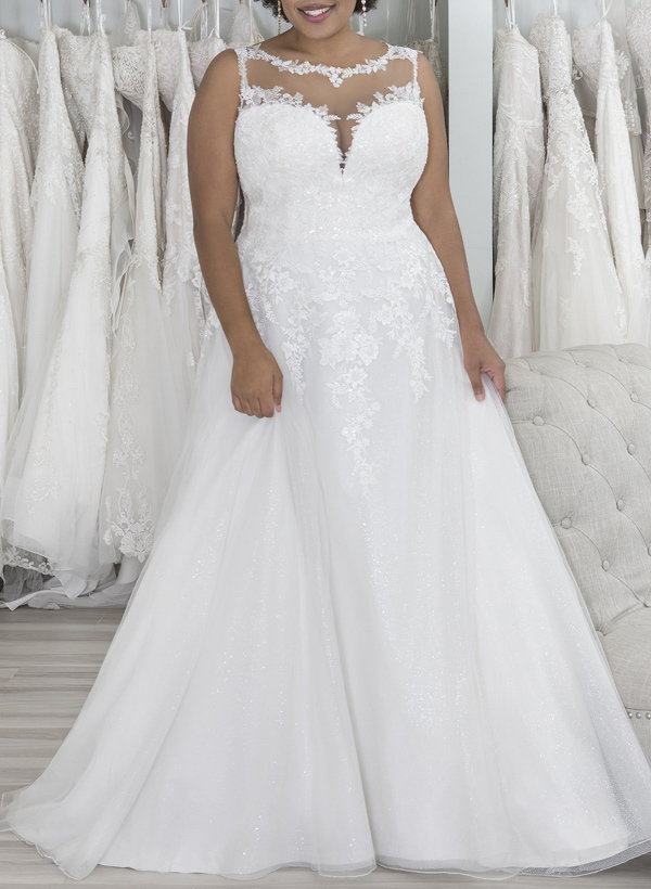 Plus Size A-Line Illusion Neck Sweep Train Tulle Wedding Dresses With Lace