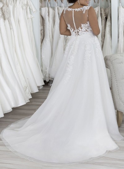 Plus Size A-Line Illusion Neck Sweep Train Tulle Wedding Dresses With Lace