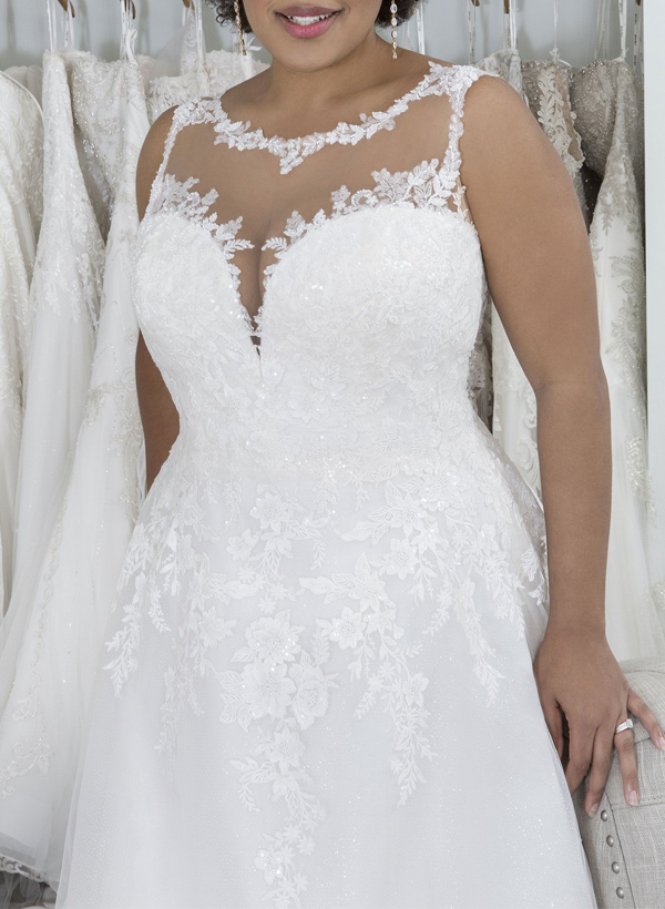 Plus Size A-Line Illusion Neck Sweep Train Tulle Wedding Dresses With Lace