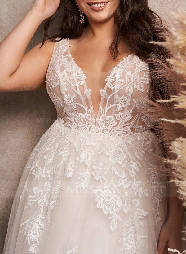 Plus Size A-Line V-Neck Sleeveless Sweep Train Tulle Wedding Dresses With Lace