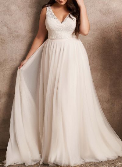 Plus Size A-Line V-Neck Sleeveless Sweep Train Chiffon Wedding Dresses With Lace