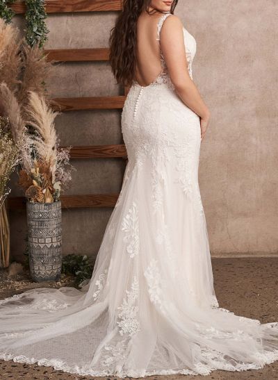 Plus Size Trumpet/Mermaid Illusion Neck Court Train Tulle Wedding Dresses With Lace