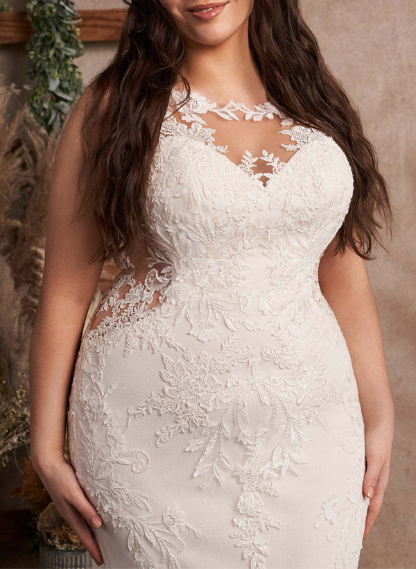 Plus Size Trumpet/Mermaid Illusion Neck Court Train Tulle Wedding Dresses With Lace