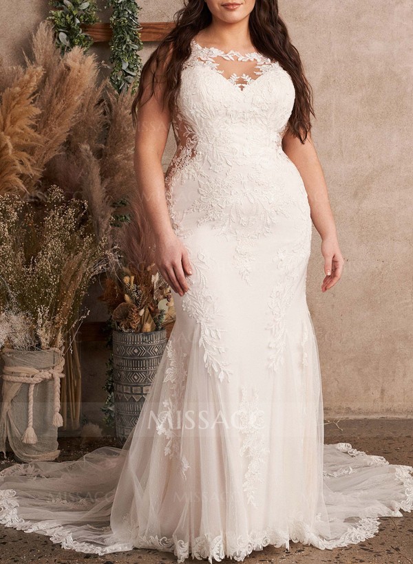 Plus Size Trumpet/Mermaid Illusion Neck Court Train Tulle Wedding Dresses With Lace