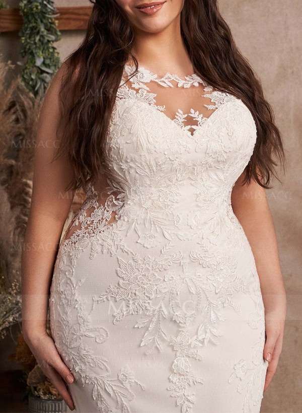 Plus Size Trumpet/Mermaid Illusion Neck Court Train Tulle Wedding Dresses With Lace