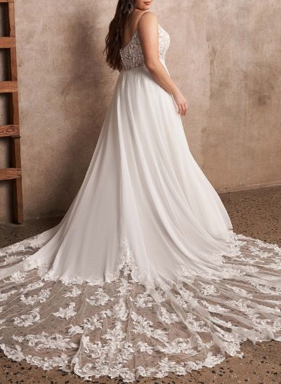 Plus Size A-Line Cowl Neck Sleeveless Court Train Chiffon Wedding Dresses With Lace