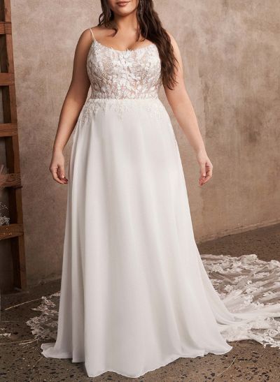Plus Size A-Line Cowl Neck Sleeveless Court Train Chiffon Wedding Dresses With Lace