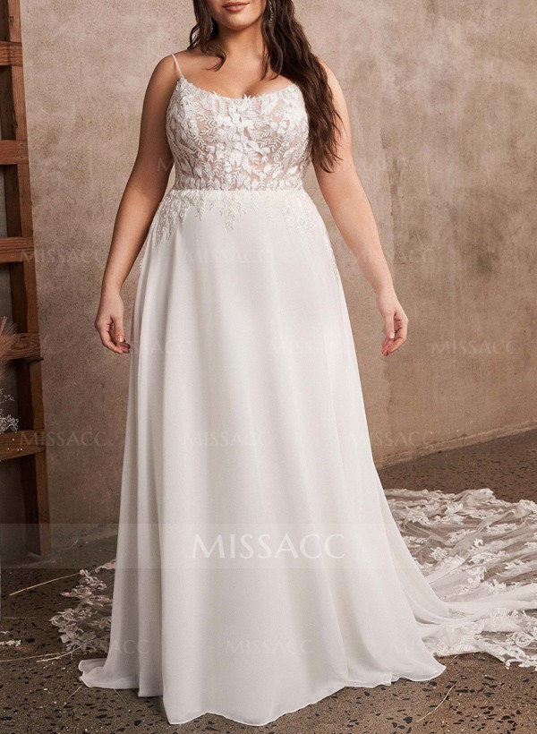 Plus Size A-Line Cowl Neck Sleeveless Court Train Chiffon Wedding Dresses With Lace