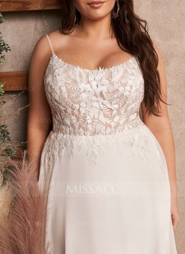 Plus Size A-Line Cowl Neck Sleeveless Court Train Chiffon Wedding Dresses With Lace