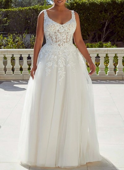 Plus Size A-Line Cowl Neck Sleeveless Court Train Tulle Wedding Dresses With Lace