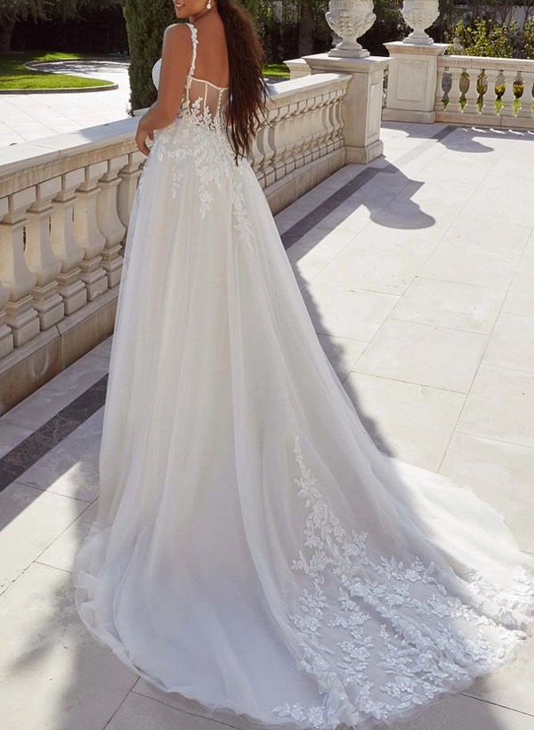 Plus Size A-Line Cowl Neck Sleeveless Court Train Tulle Wedding Dresses With Lace