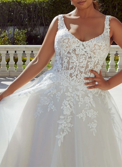 Plus Size A-Line Cowl Neck Sleeveless Court Train Tulle Wedding Dresses With Lace